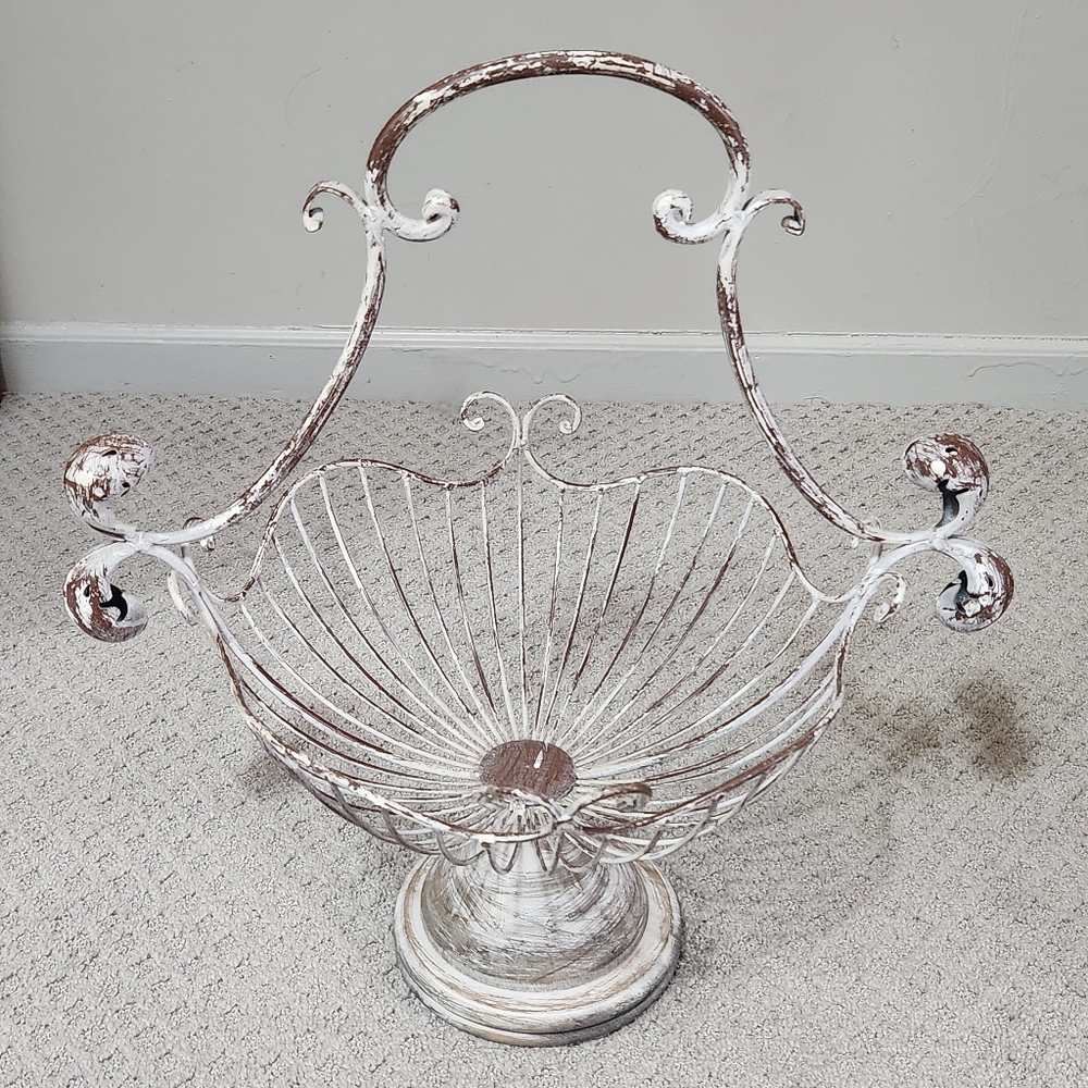 Shabby Chic Style French Metal Wire Basket Chippy Wooden Pedestal Planter